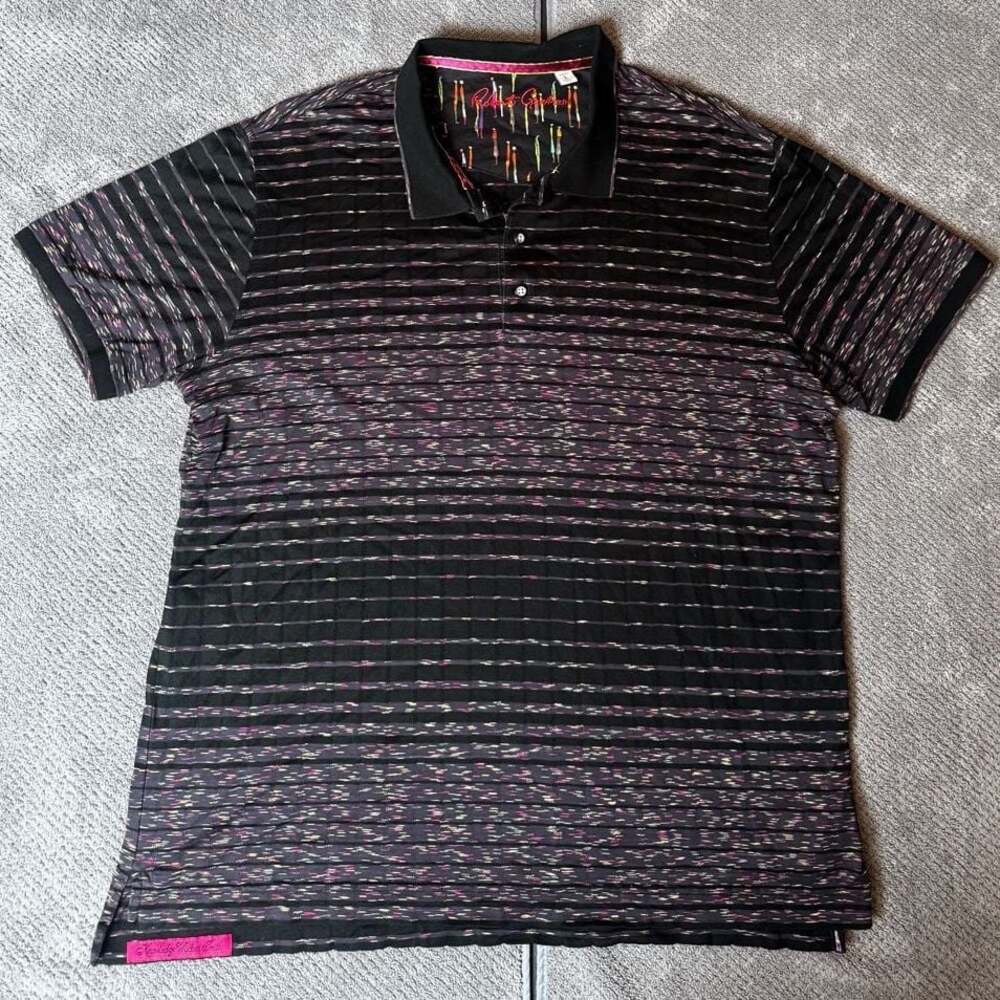 Robert Graham Classic Fit Short Sleeve Polo Shirt Black Multi Striped Size L 118